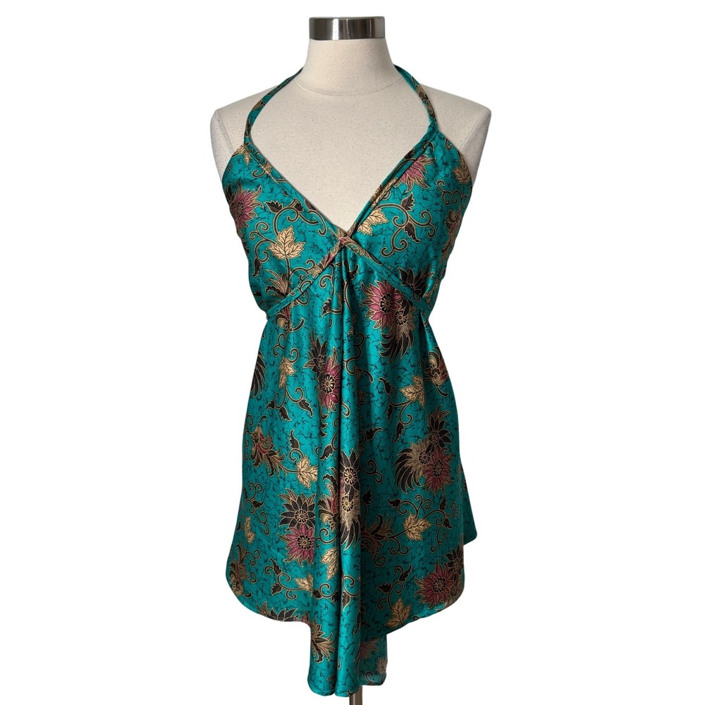 Teal Floral Batik Print Halter Top V Back Boho V-Neck Mini Dress Womens One Size
